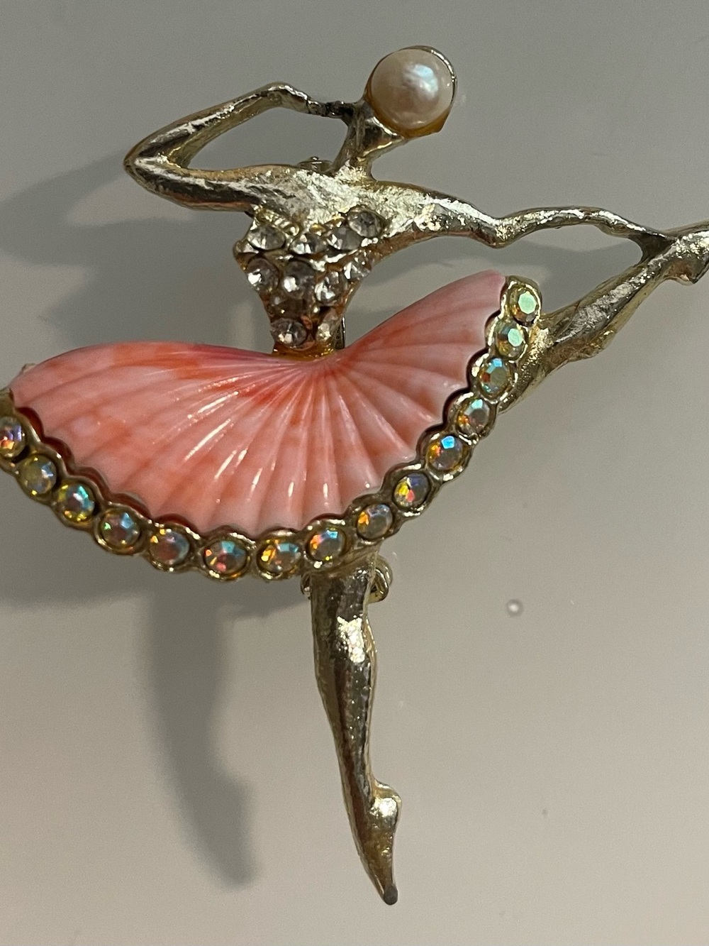 Source Unknown Coral Pink Ballerina Brooch with Aurora Crystal Trim